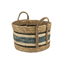 Load image into Gallery viewer, Straw and Corn Basket Blue Stripe with Handles
