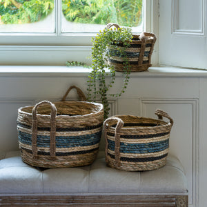 Straw and Corn Basket Blue Stripe with Handles